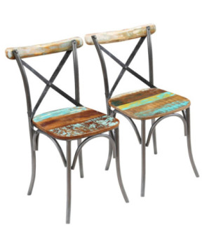 Scaune bucătărie multicolor vintage, din lemn masiv reciclat, cu spătar, 2 buc., handmade