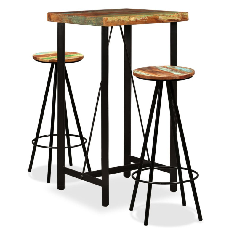 Masă bar cu 2 scaune cu spătar aspect industrial, din lemn masiv reciclat, pătrată, 60 x 60 x 107 cm, handmade Masă bar cu 2 scaune cu spătar aspect industrial, din lemn masiv reciclat, pătrată, 60 x 60 x 107 cm, handmade