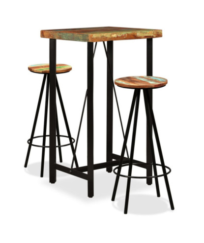 Masă bar cu 2 scaune cu spătar aspect industrial, din lemn masiv reciclat, pătrată, 60 x 60 x 107 cm, handmade