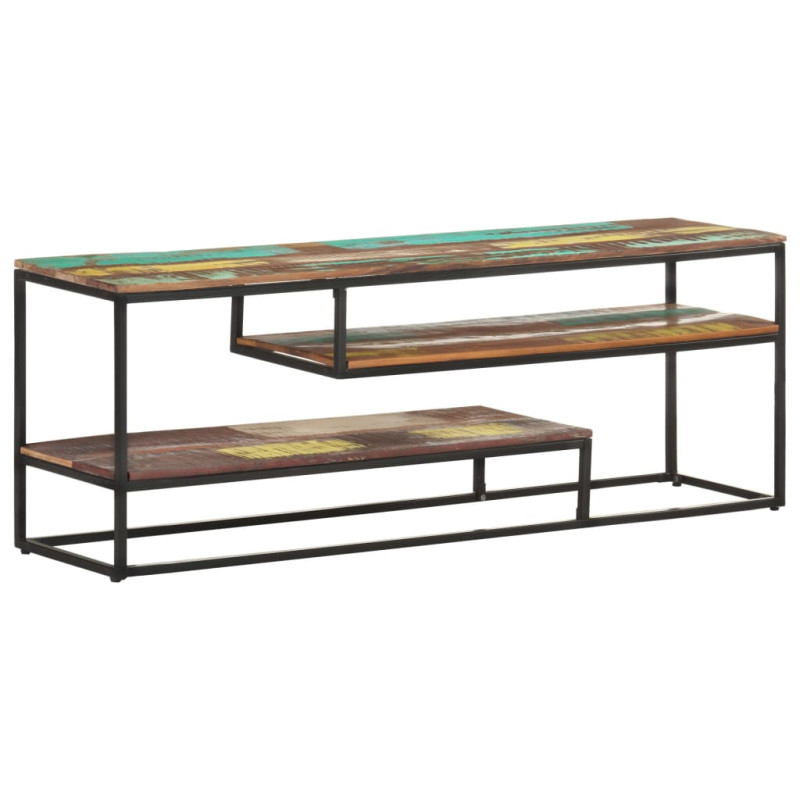 Comodă TV cu picioare, aspect industrial, din lemn masiv reciclat, 130 x 30 x 45 cm