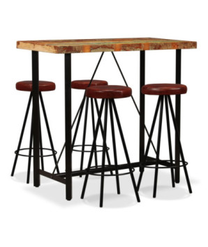 Masă bar cu 4 scaune tapițate aspect industrial, din lemn masiv reciclat, dreptunghiulară, 120 x 60 x 107 cm, handmade