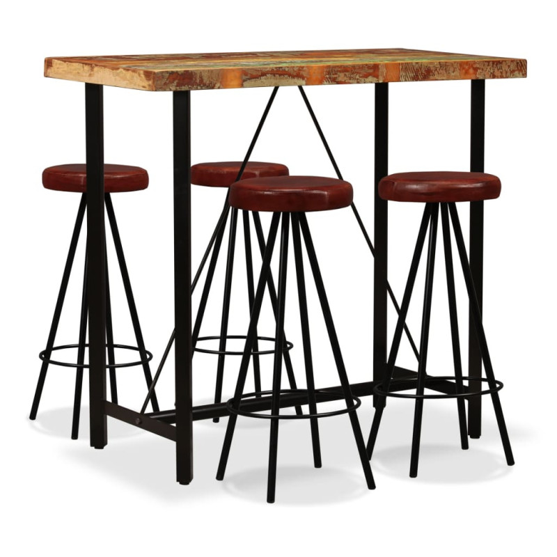 Masă bar cu 4 scaune tapițate aspect industrial, din lemn masiv reciclat, dreptunghiulară, 120 x 60 x 107 cm, handmade Masă bar cu 4 scaune tapițate aspect industrial, din lemn masiv reciclat, dreptunghiulară, 120 x 60 x 107 cm, handmade