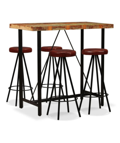 Masă bar cu 4 scaune tapițate aspect industrial, din lemn masiv reciclat, dreptunghiulară, 120 x 60 x 107 cm, handmade