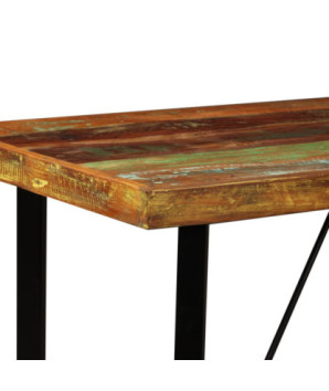 Masă bar cu 4 scaune tapițate aspect industrial, din lemn masiv reciclat, dreptunghiulară, 120 x 60 x 107 cm, handmade