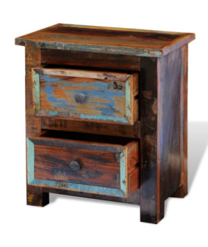 Noptieră cu 2 sertare, lemn reciclat, cu aspect antichizat - WOODBB320