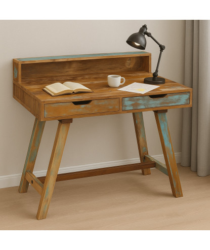 Masă birou aspect vintage, din lemn masiv reciclat, cu 2 sertare, handmade