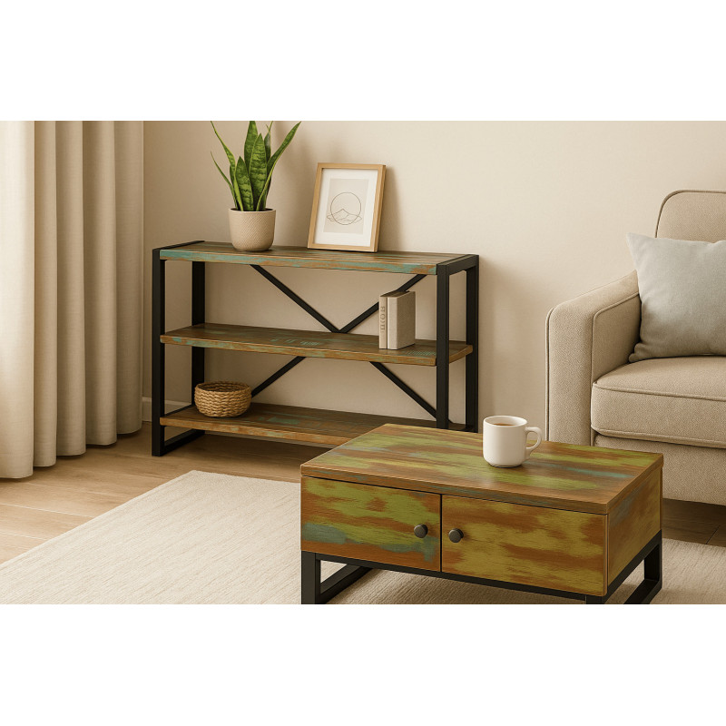 Set format din etajeră și măsuță de cafea din lemn reciclat îmbină farmecul rustic cu designul industrial modern Set format din etajeră și măsuță de cafea din lemn reciclat îmbină farmecul rustic cu designul industrial modern
