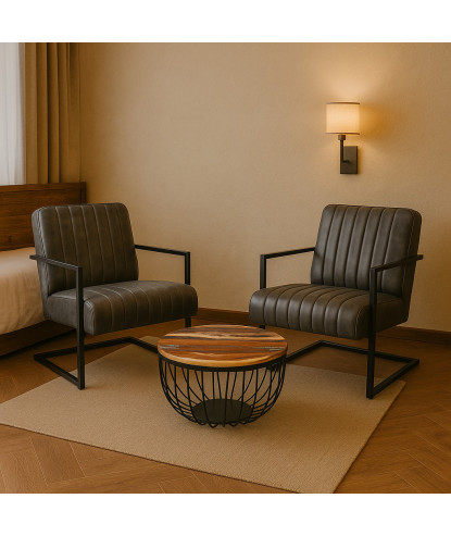 Set de relaxare cabane, hoteluri, pensiuni :Scaun fotoliu tip consolă & măsuță de cafea, lemn reciclat, cu aspect vintage
