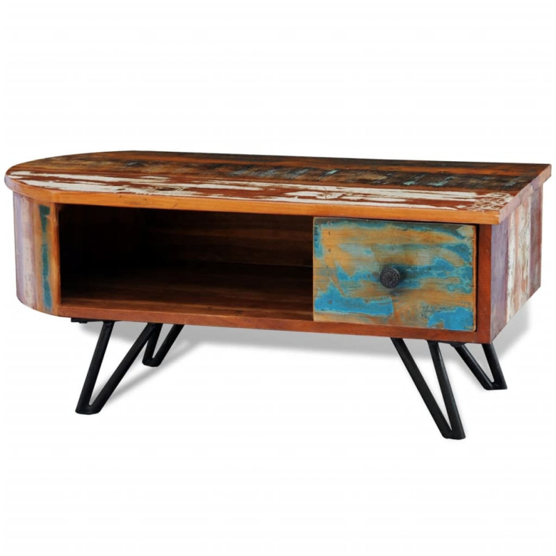 Măsuță de cafea cu picioare țăruș din fier, lemn reciclat, cu aspect antichizat - WOODBB350