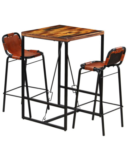 Masă bar cu 2 scaune cu spătar vintage, din lemn masiv reciclat, pătrată, 70 x 70 x 106 cm