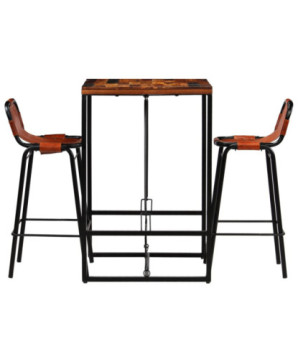 Masă bar cu 2 scaune cu spătar vintage, din lemn masiv reciclat, pătrată, 70 x 70 x 106 cm