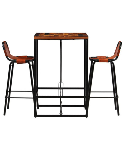 Masă bar cu 2 scaune cu spătar vintage, din lemn masiv reciclat, pătrată, 70 x 70 x 106 cm