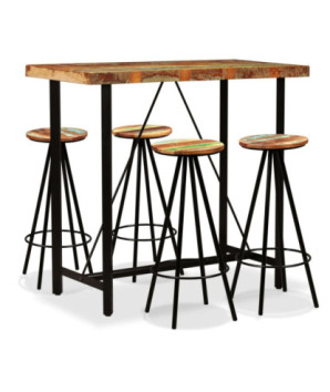 Masă bar cu 4 scaune, aspect industrial, din lemn masiv reciclat, dreptunghiulară, 120 x 60 x 107 cm, handmade