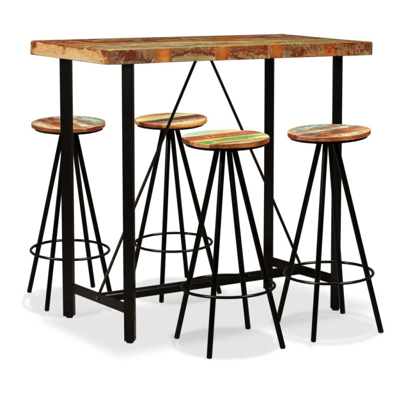 Masă bar cu 4 scaune, aspect industrial, din lemn masiv reciclat, dreptunghiulară, 120 x 60 x 107 cm, handmade Masă bar cu 4 scaune, aspect industrial, din lemn masiv reciclat, dreptunghiulară, 120 x 60 x 107 cm, handmade