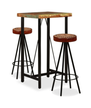 Mobilier bar 3 piese lemn reciclat, piele naturală, pânză, cu aspect industrial - WOODBB436