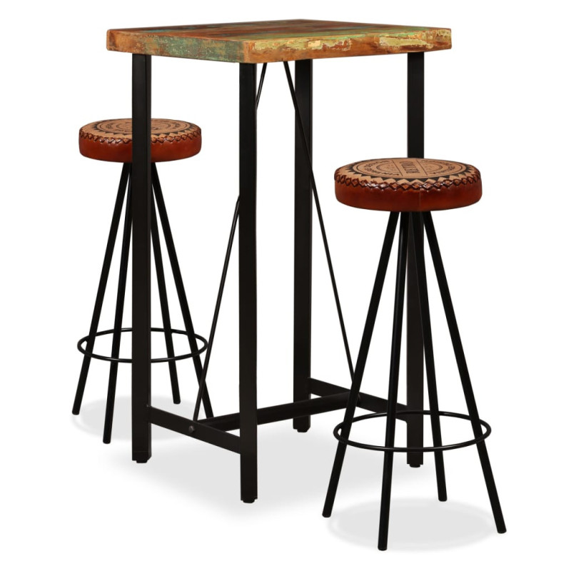 Mobilier bar 3 piese lemn reciclat, piele naturală, pânză, cu aspect industrial - WOODBB436 Mobilier bar 3 piese lemn reciclat, piele naturală, pânză, cu aspect industrial - WOODBB436