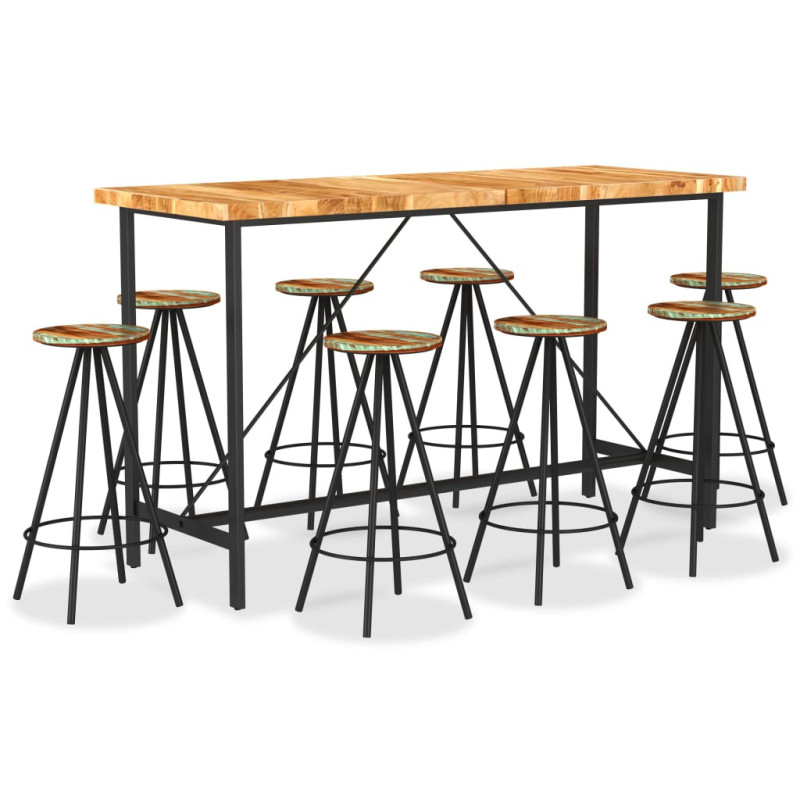 Set de bar, 9 piese, lemn masiv de acacia și lemn reciclat, cu aspect industrial - WOODBB438