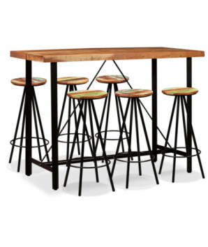 Masă bar cu 6 scaune fără spătar, aspect industrial, din lemn masiv reciclat, dreptunghiulară, 150 x 70 x 107 cm, handmade