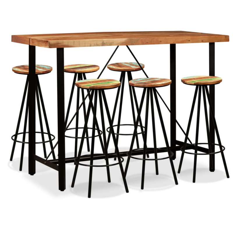 Masă bar cu 6 scaune fără spătar, aspect industrial, din lemn masiv reciclat, dreptunghiulară, 150 x 70 x 107 cm, handmade Masă bar cu 6 scaune fără spătar, aspect industrial, din lemn masiv reciclat, dreptunghiulară, 150 x 70 x 107 cm, handmade