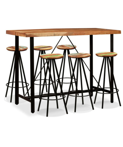 Masă bar cu 6 scaune fără spătar, aspect industrial, din lemn masiv reciclat, dreptunghiulară, 150 x 70 x 107 cm, handmade