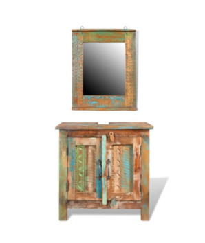 Set dulap de baie din lemn reciclat, cu oglindă, cu aspect antichizat - WOODBB474