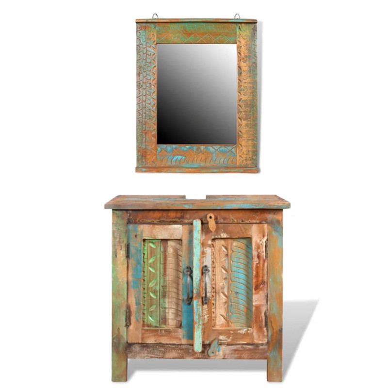 Set dulap de baie din lemn reciclat, cu oglindă, cu aspect antichizat - WOODBB474