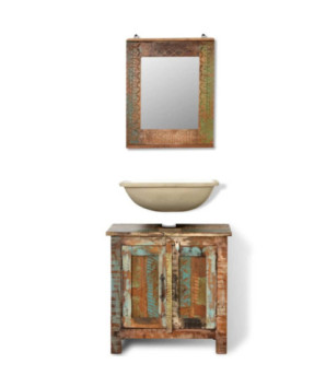 Set dulap de baie din lemn reciclat, cu oglindă, cu aspect antichizat - WOODBB474