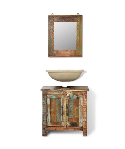 Set dulap de baie din lemn reciclat, cu oglindă, cu aspect antichizat - WOODBB474