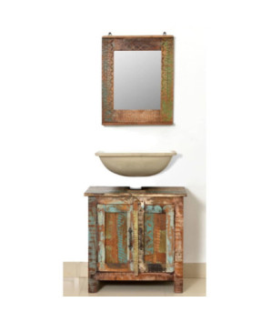Set dulap de baie din lemn reciclat, cu oglindă, cu aspect antichizat - WOODBB474