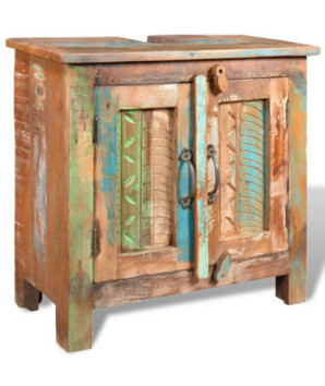 Set dulap de baie din lemn reciclat, cu oglindă, cu aspect antichizat - WOODBB474