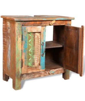 Set dulap de baie din lemn reciclat, cu oglindă, cu aspect antichizat - WOODBB474
