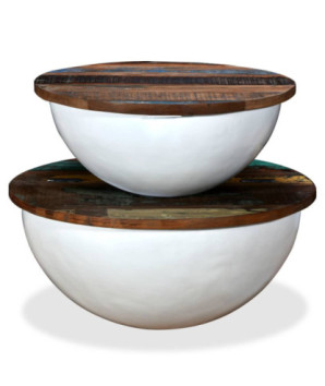 Măsuță cafea industrial retro, din lemn masiv reciclat, formă bol, 60 x 27 cm și 50 x 21 cm