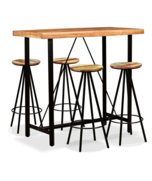 Masă bar cu 4 scaune fără spătar, aspect industrial, din lemn masiv reciclat, dreptunghiulară, 120 x 60 x 107 cm, handmade