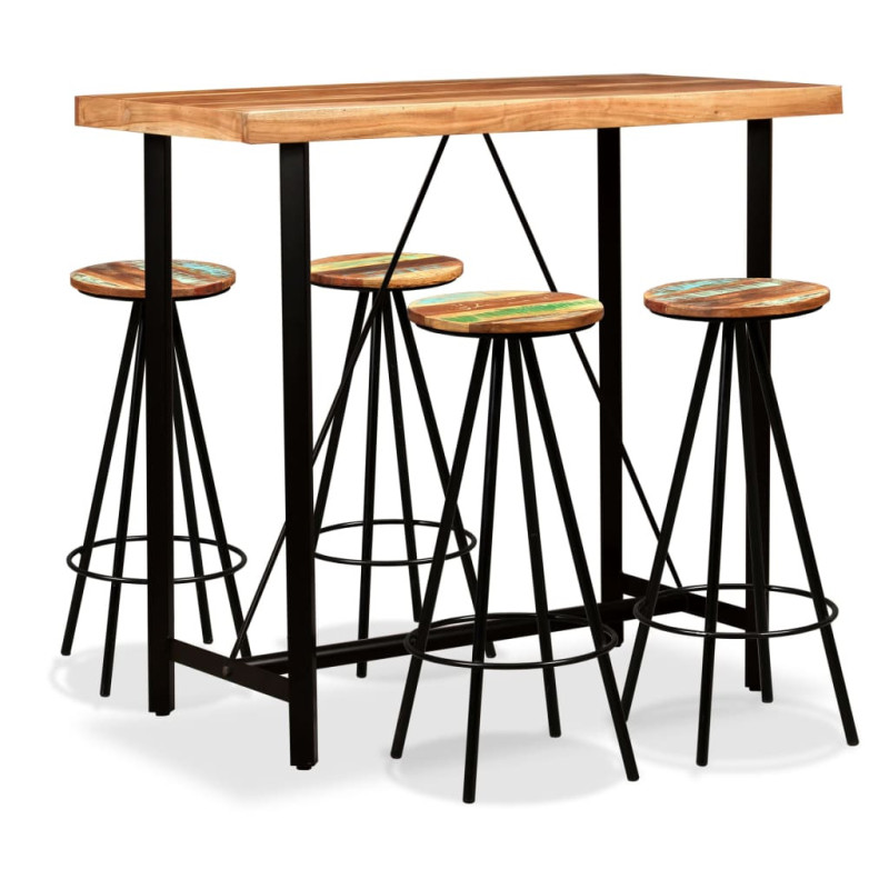 Masă bar cu 4 scaune fără spătar, aspect industrial, din lemn masiv reciclat, dreptunghiulară, 120 x 60 x 107 cm, handmade Masă bar cu 4 scaune fără spătar, aspect industrial, din lemn masiv reciclat, dreptunghiulară, 120 x 60 x 107 cm, handmade