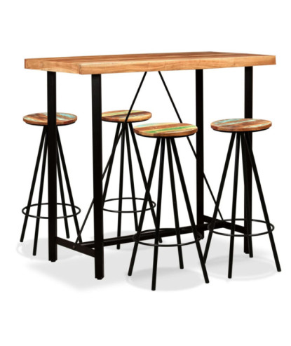 Masă bar cu 4 scaune fără spătar, aspect industrial, din lemn masiv reciclat, dreptunghiulară, 120 x 60 x 107 cm, handmade