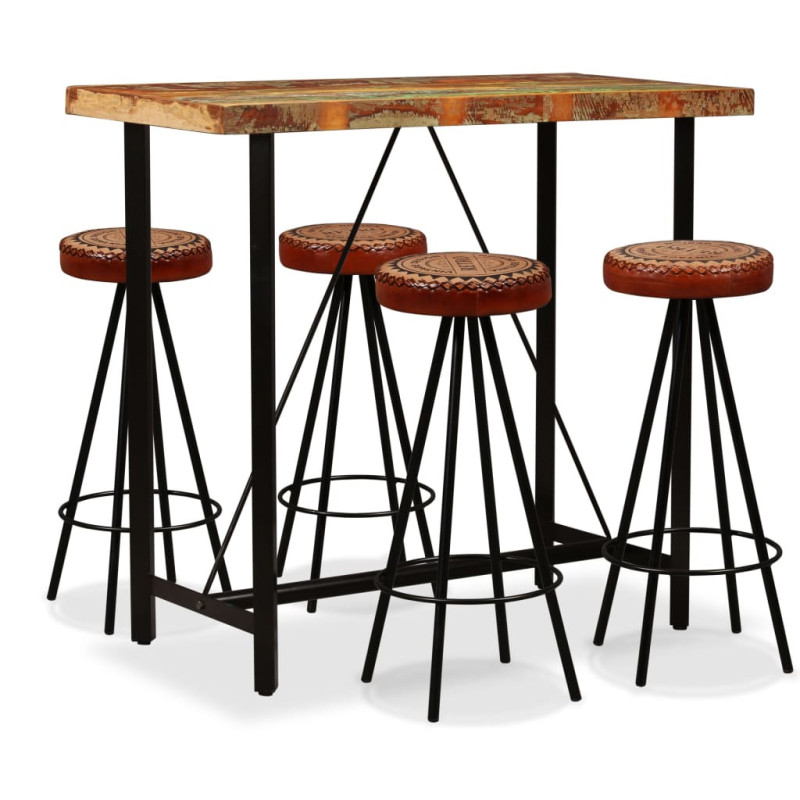 Masă bar cu 4 scaune fără spătar, aspect industrial, din lemn masiv reciclat, dreptunghiulară, 120 x 60 x 107 cm, handmade