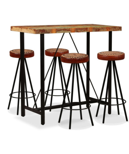 Masă bar cu 4 scaune fără spătar, aspect industrial, din lemn masiv reciclat, dreptunghiulară, 120 x 60 x 107 cm, handmade