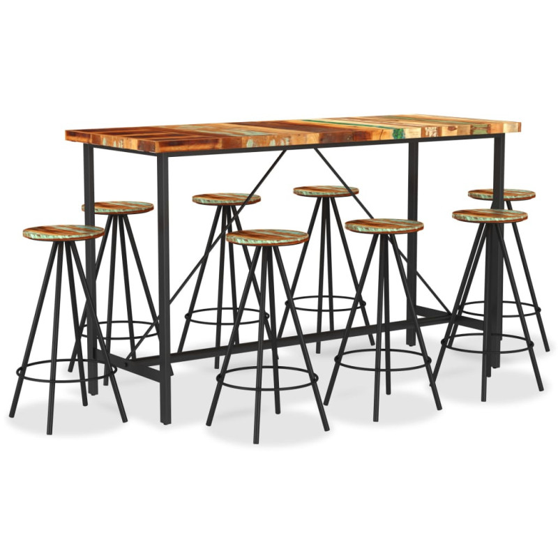 Set mobilier de bar, 9 piese, lemn reciclat, cu aspect industrial - WOODBB585 Set mobilier de bar, 9 piese, lemn reciclat, cu aspect industrial - WOODBB585