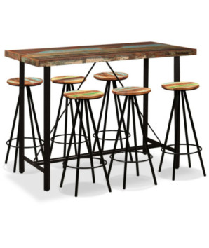 Masă bar cu 6 scaune fără spătar, aspect industrial, din lemn masiv reciclat, dreptunghiulară, 150 x 70 x 107 cm, handmade