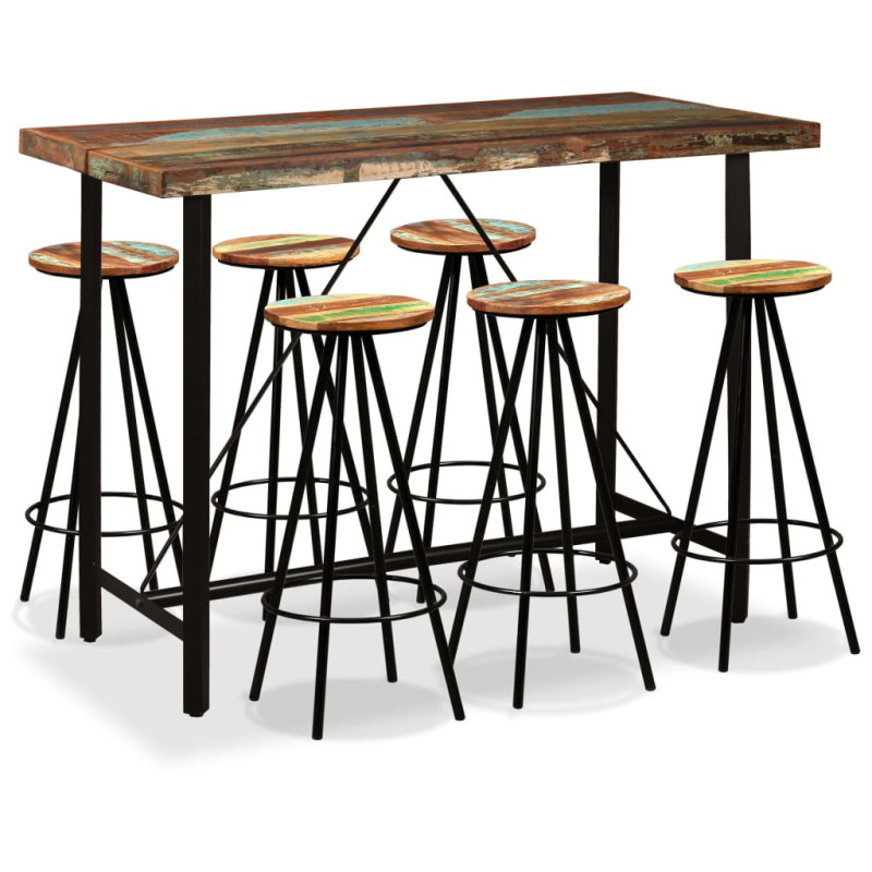 Masă bar cu 6 scaune fără spătar, aspect industrial, din lemn masiv reciclat, dreptunghiulară, 150 x 70 x 107 cm, handmade Masă bar cu 6 scaune fără spătar, aspect industrial, din lemn masiv reciclat, dreptunghiulară, 150 x 70 x 107 cm, handmade
