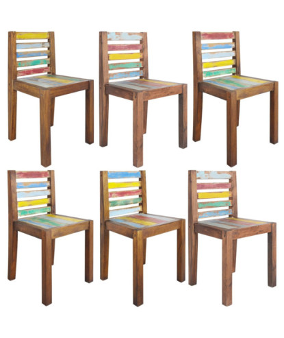 Scaune bucătărie multicolor vintage, din lemn masiv reciclat, cu spătar, 6 buc.