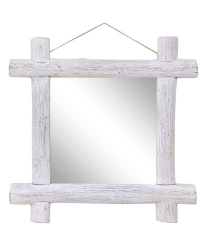 Oglindă cu ramă din bușteni, alb, 70x70 cm, lemn reciclat - WOODBB675