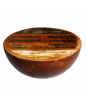 Măsuță cafea, formă de bol, bază din oțel, lemn reciclat, cu aspect antichizat - WOODBB693