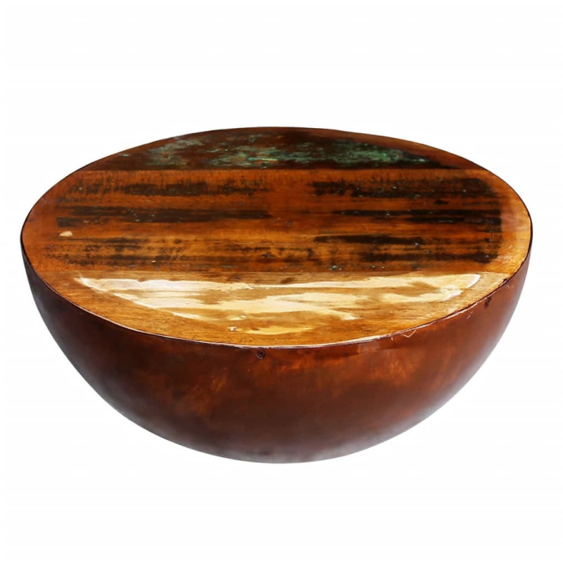 Măsuță cafea, formă de bol, bază din oțel, lemn reciclat, cu aspect antichizat - WOODBB693