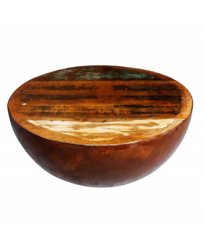 Măsuță cafea, formă de bol, bază din oțel, lemn reciclat, cu aspect antichizat - WOODBB693