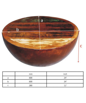 Măsuță cafea, formă de bol, bază din oțel, lemn reciclat, cu aspect antichizat - WOODBB693