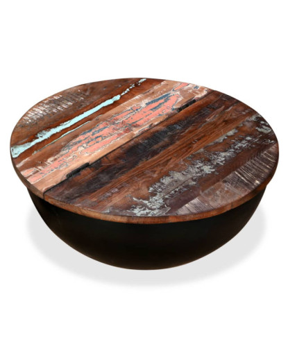 Măsuță cafea aspect industrial, din lemn masiv reciclat, formă bol, 60 x 27 cm