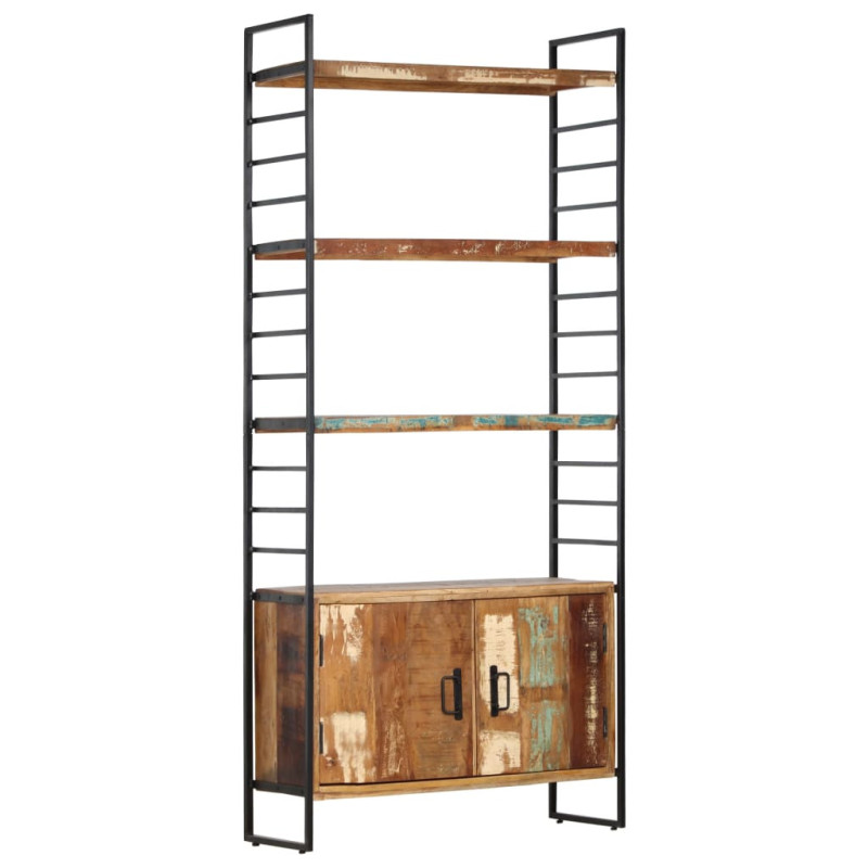 Bibliotecă cu aspect industrial, din lemn masiv reciclat, cu 3 rafturi și 2 dulapuri, 80 x 30 x 180 cm, handmade
