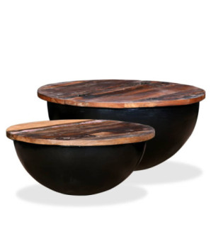 Măsuță cafea industrial, din lemn masiv reciclat, formă bol, 60 x 27 cm și 50 x 21 cm