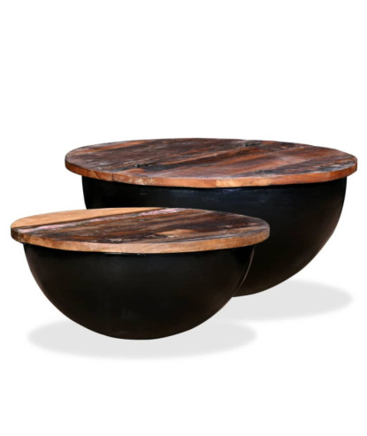 Măsuță cafea industrial, din lemn masiv reciclat, formă bol, 60 x 27 cm și 50 x 21 cm